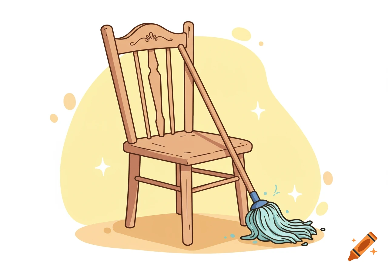 Cartoon illustration of a wooden chair with a blue mop leaning against it on a yellow background.