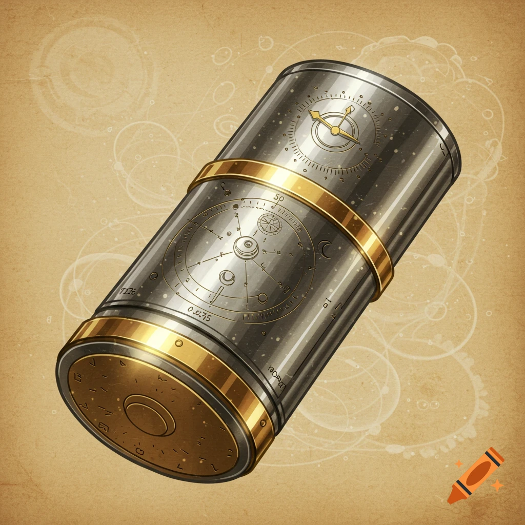 Steampunk style illustration of a metal time capsule with gold bands, dials, and intricate markings, on a textured paper background.