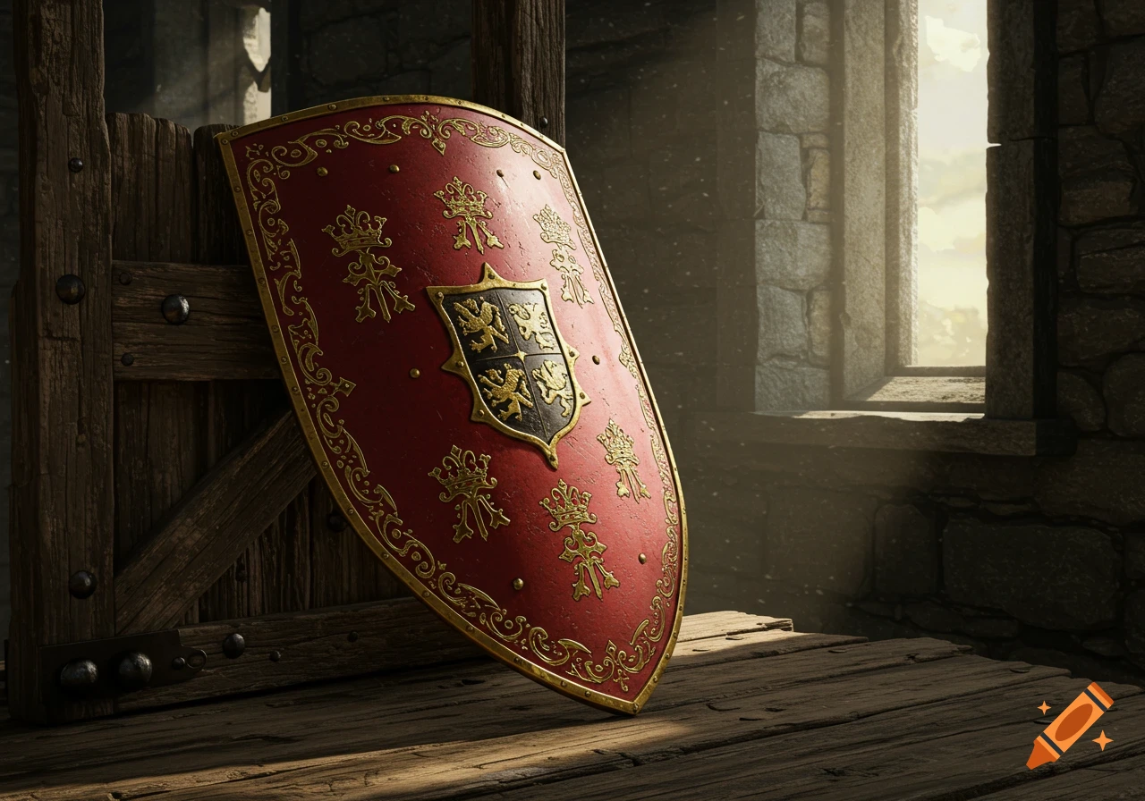 A red and gold medieval shield with a central crest and intricate patterns leans against old wooden beams in a stone castle room, illuminated by light from a window.