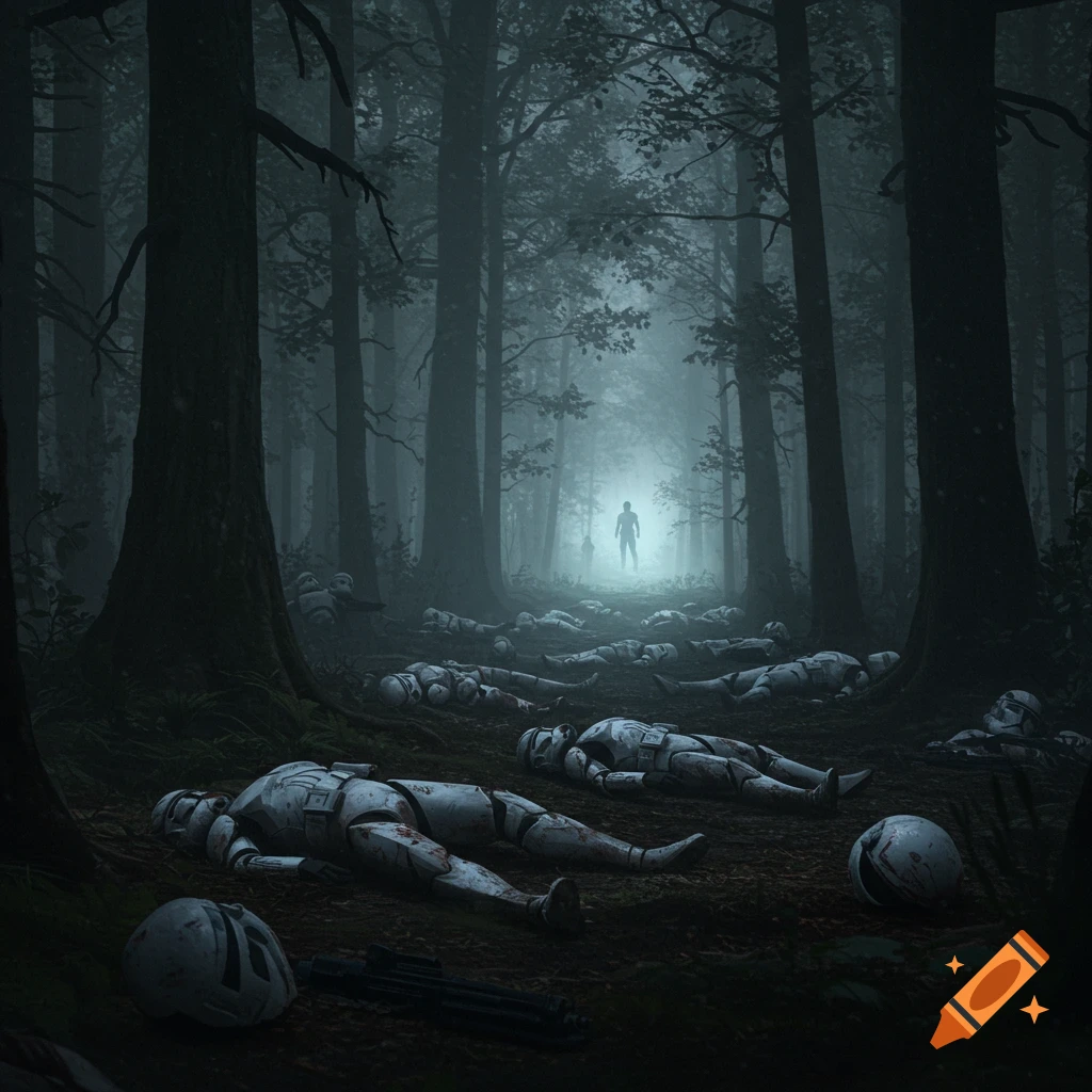 Fallen clone troopers lie scattered on the ground in a dark, misty forest, with a glowing figure in the distance, in a somber, photorealistic style.