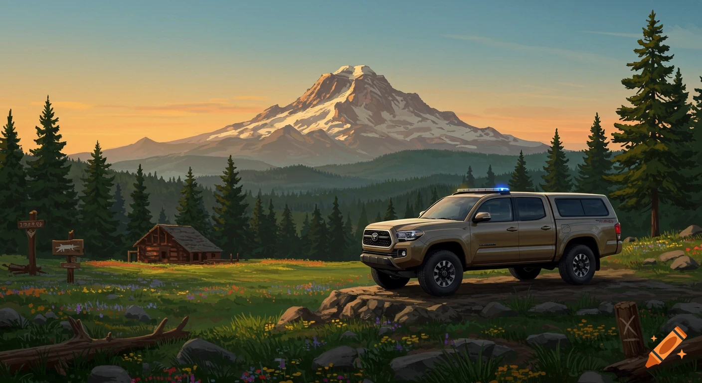 An illustrated tan Toyota Tacoma truck on a rocky outcrop in a meadow with pine trees and a snow-capped mountain at sunset.