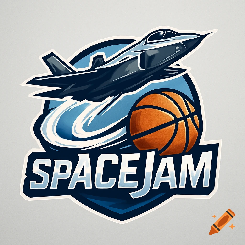 A stylized logo featuring a dark gray jet flying over a light blue swirl, next to an orange basketball, with the word "SPACEJAM" in white below.