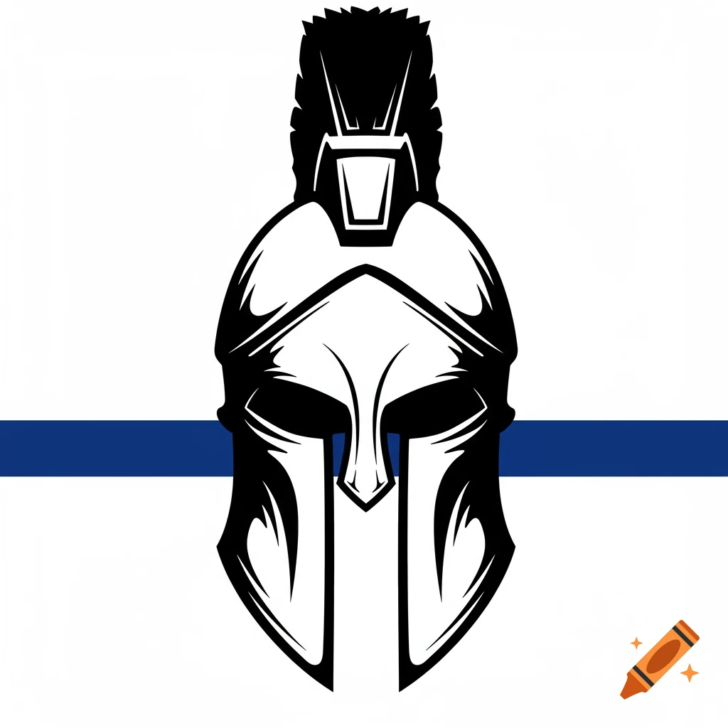 Black and white vector illustration of a Spartan helmet with a thin blue line across the background.