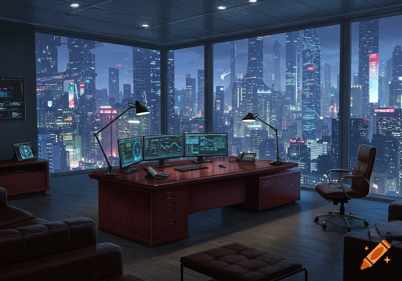 A high-tech executive office with multiple monitors on a large desk overlooking a futuristic, illuminated cityscape at night.