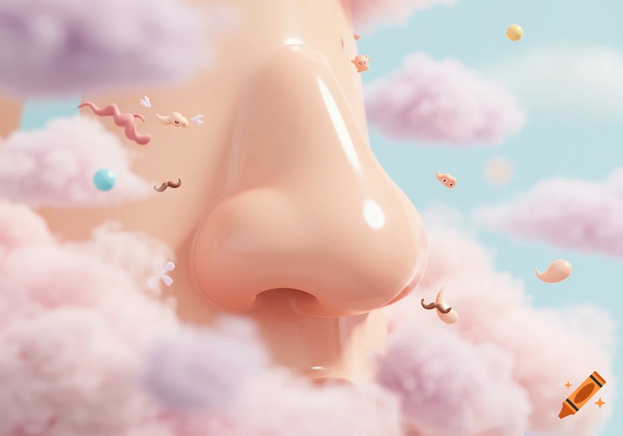 Close-up of a large, stylized cartoon nose surrounded by small whimsical characters and pink clouds against a light blue sky.