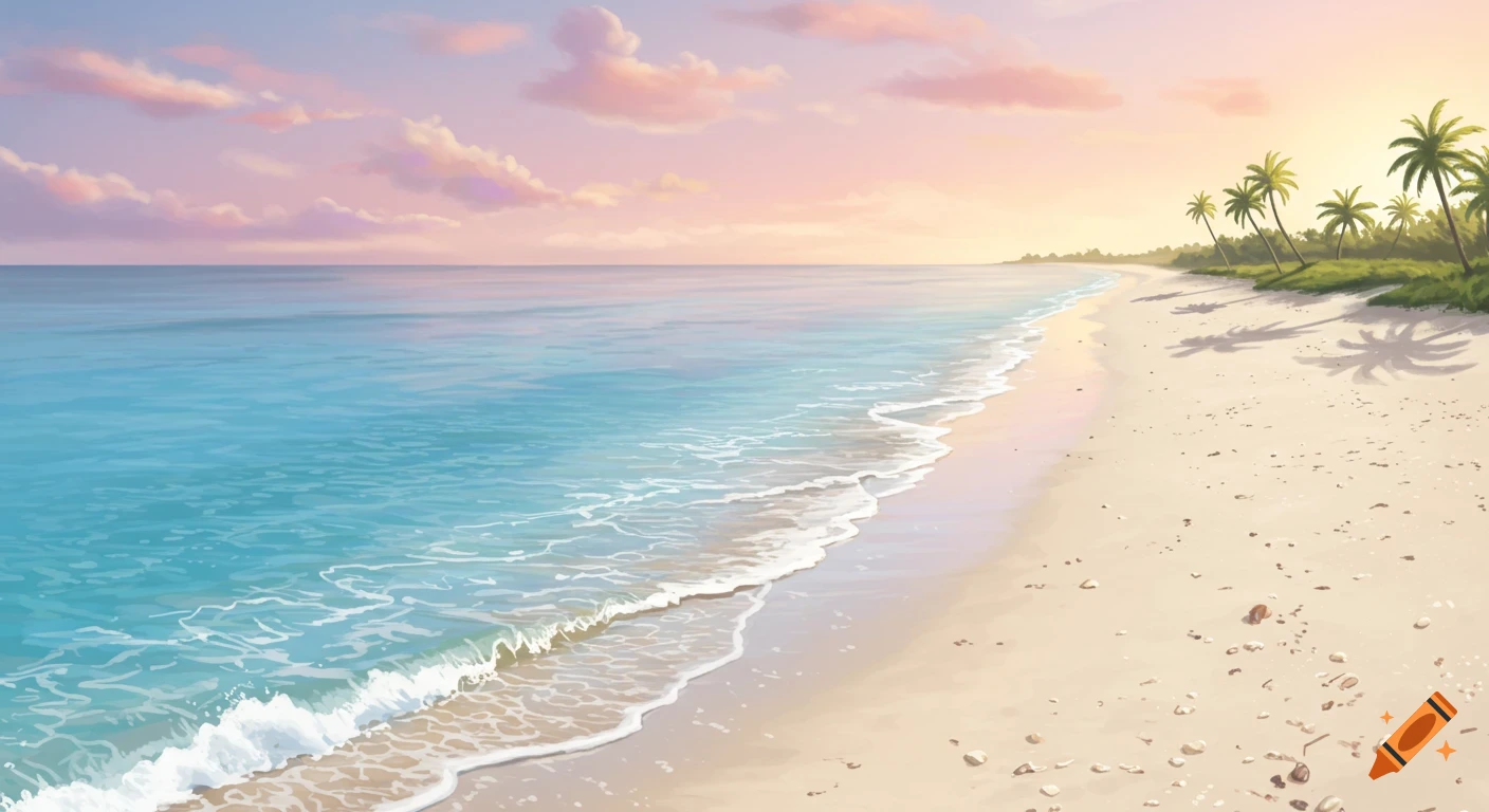 A serene beach at sunset with blue ocean waves, white sand, and palm trees casting shadows.