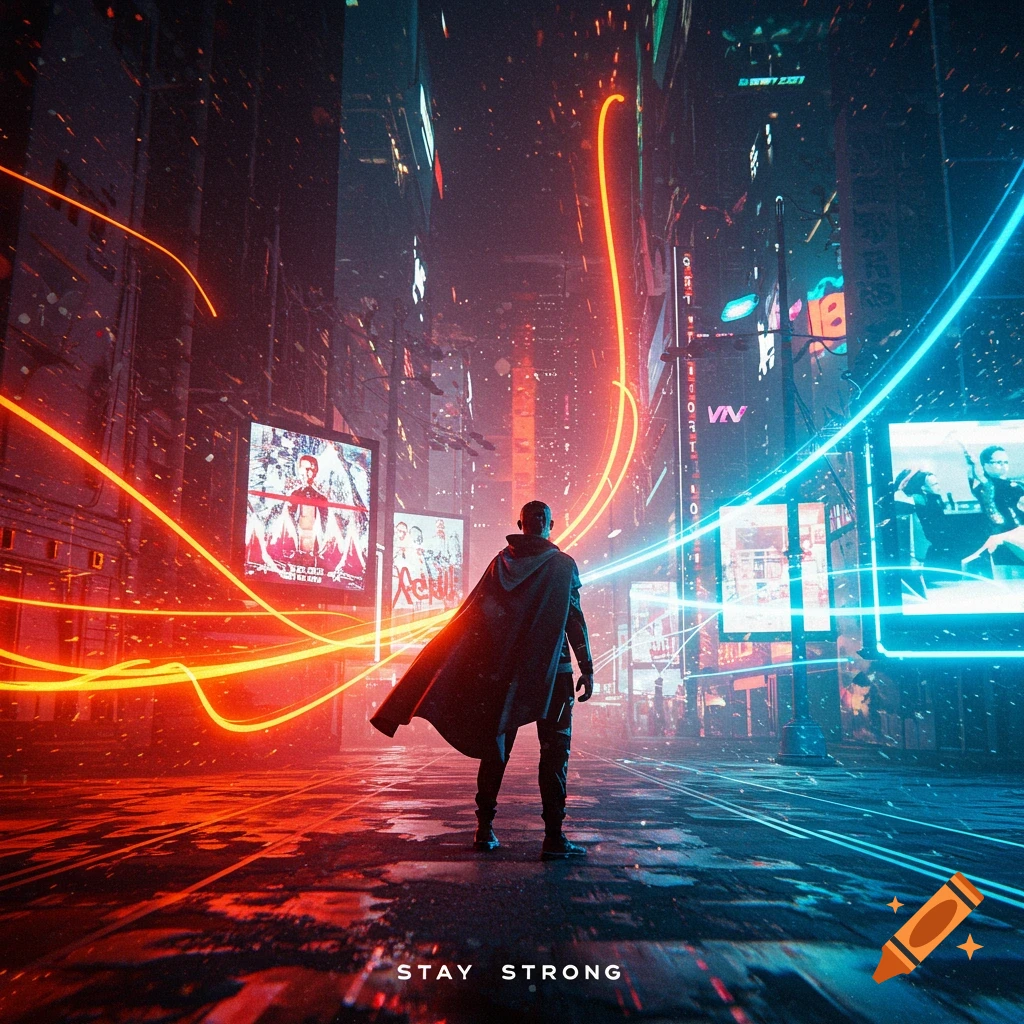 Person in a black cape standing in a neon-lit cyberpunk city with glowing orange and blue streaks. Text reads "STAY STRONG".