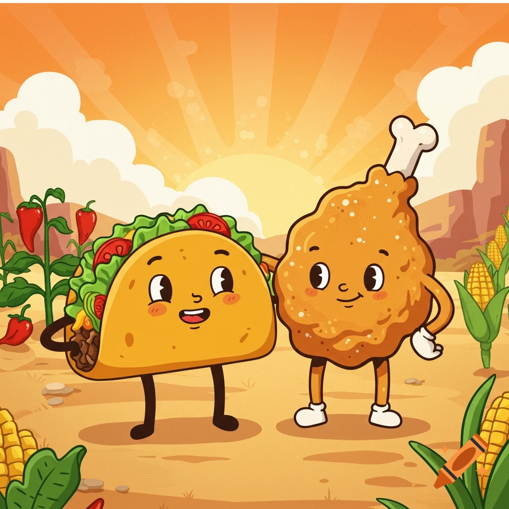 A cartoon taco and fried chicken drumstick stand as friends in a sunny desert landscape with chili pepper plants and corn stalks.