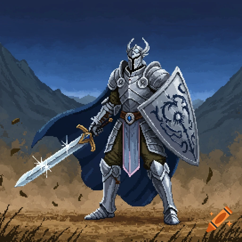 A pixel art knight in full silver armor and a blue cape, holding a shining sword and a shield, standing in a barren landscape under a dark sky.