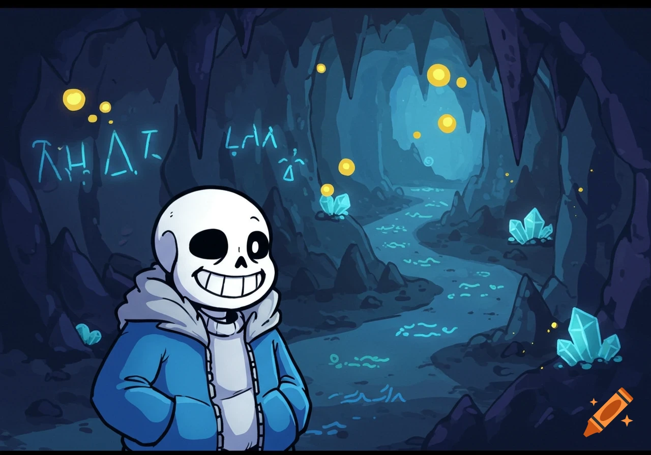 A cartoon skeleton character, Sans from Undertale, stands smiling in a glowing blue cave with glowing crystals and a river.