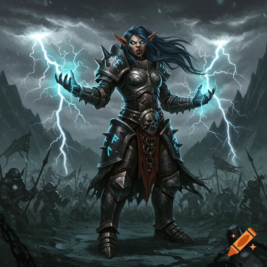 A female fantasy warrior in black armor casts lightning on a stormy battlefield.