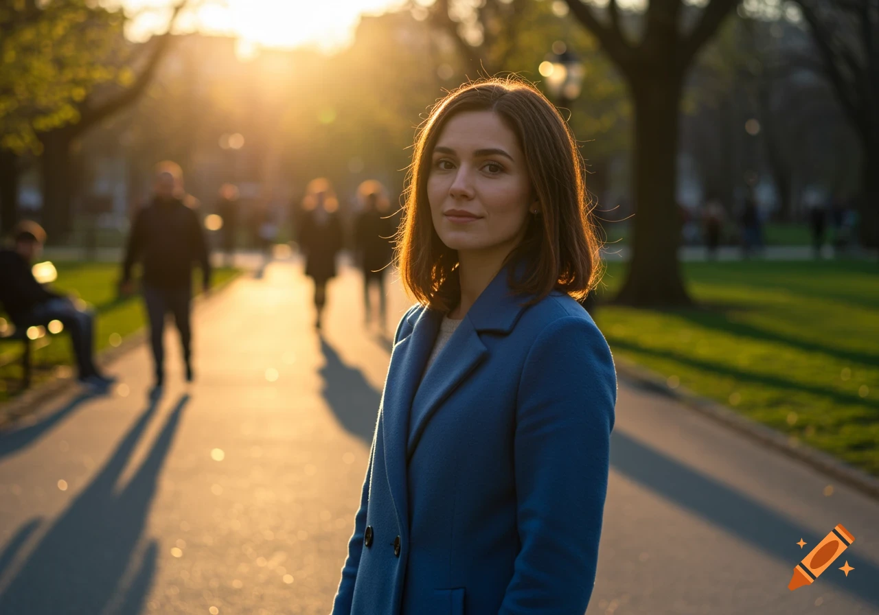 A woman with short brown hair wearing a blue coat stands in a sunny park with blurred people in the background.