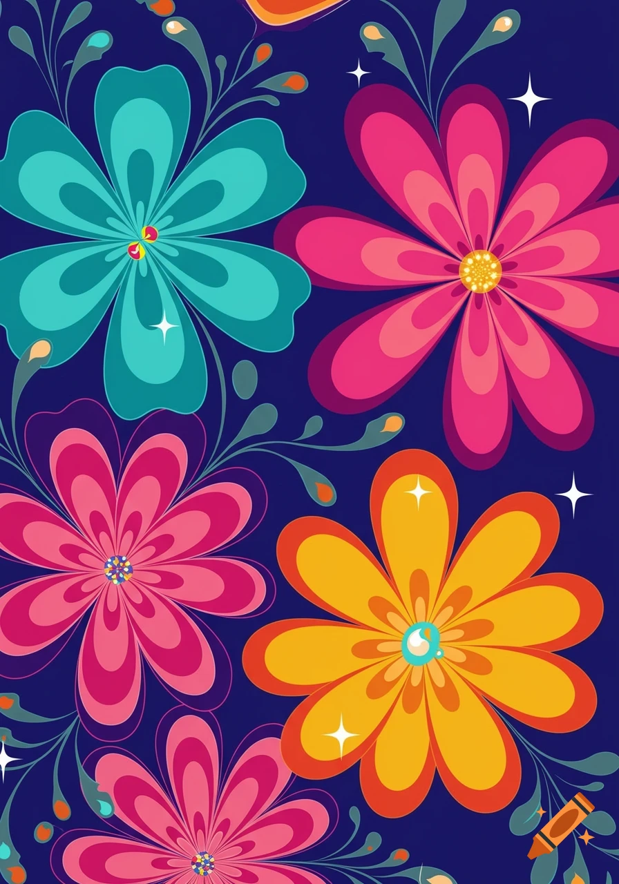 A vibrant, abstract pattern of colorful groovy flowers in shades of pink, teal, and yellow on a dark blue background.