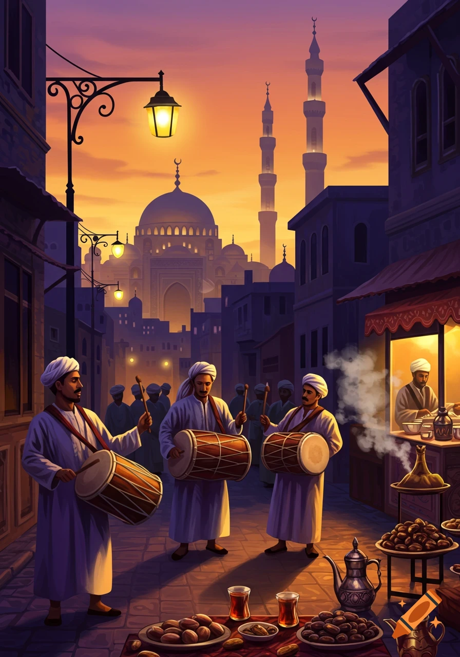 A vibrant, stylized illustration of people playing drums on a bustling street with food stalls, mosques, and glowing lanterns at sunset.