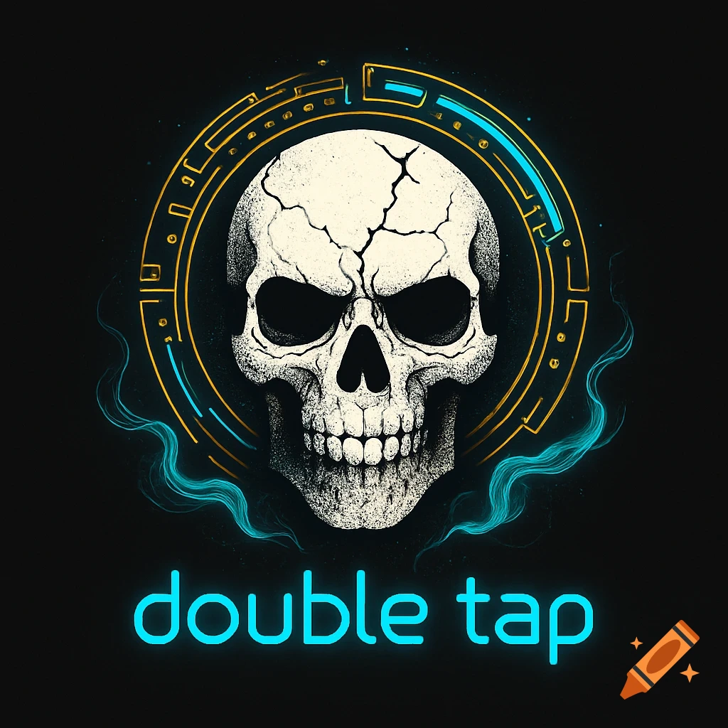 A stylized vector logo of a cracked white skull centered within a glowing circular techno-symbol, with neon smoke and 'double tap' text below, on a black background.