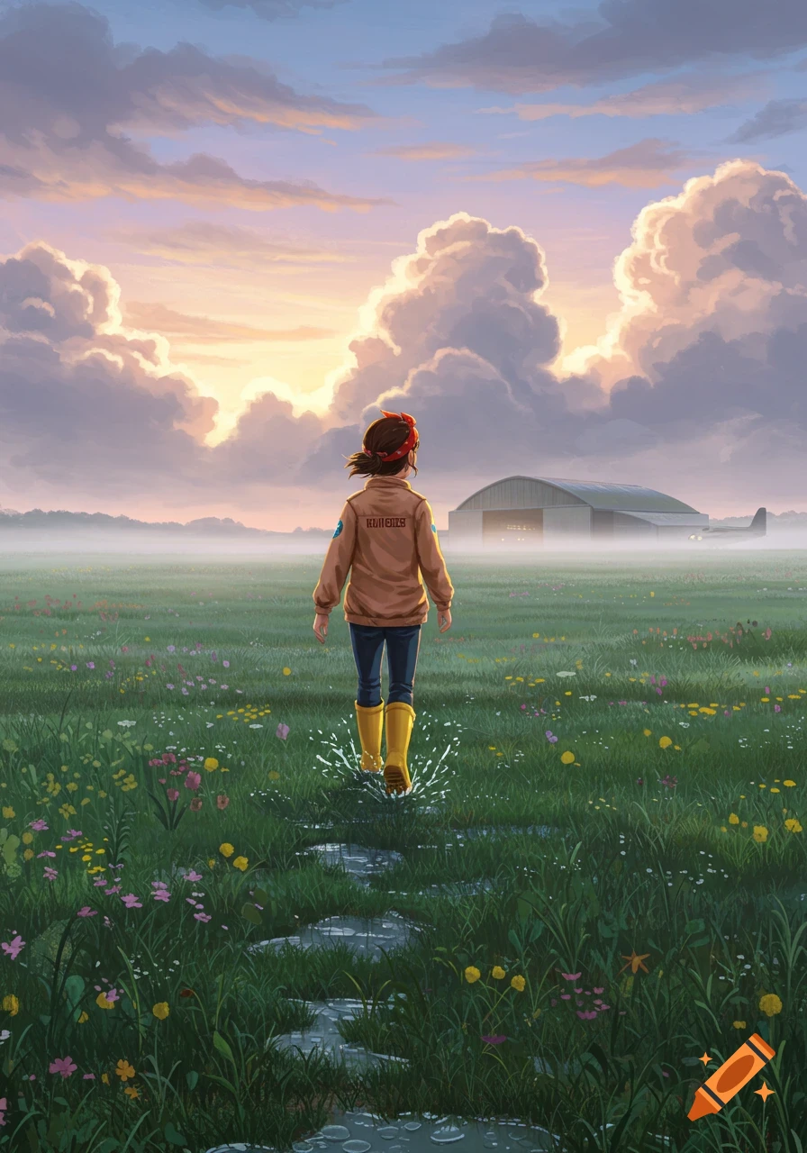 A person walks through a dewy, wildflower-filled field, splashing in puddles, towards an airport hangar and plane under a cloudy sunrise.