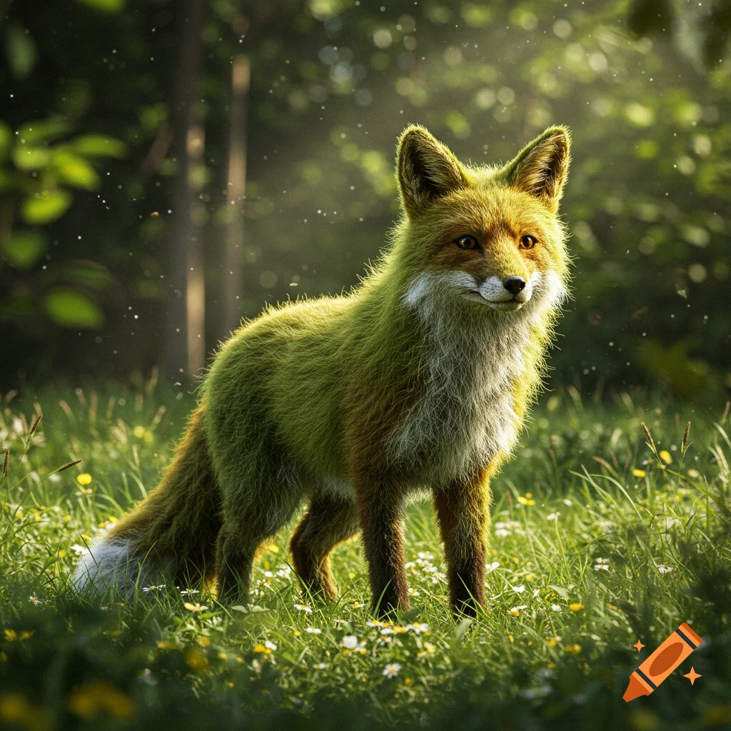A photorealistic green fox made of grass stands in a sunlit forest clearing.
