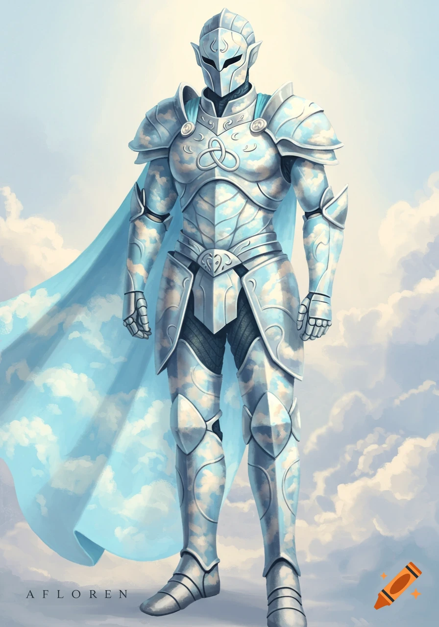 A digitally illustrated knight in silver armor with cloud patterns and a blue cape, standing against a cloudy sky.