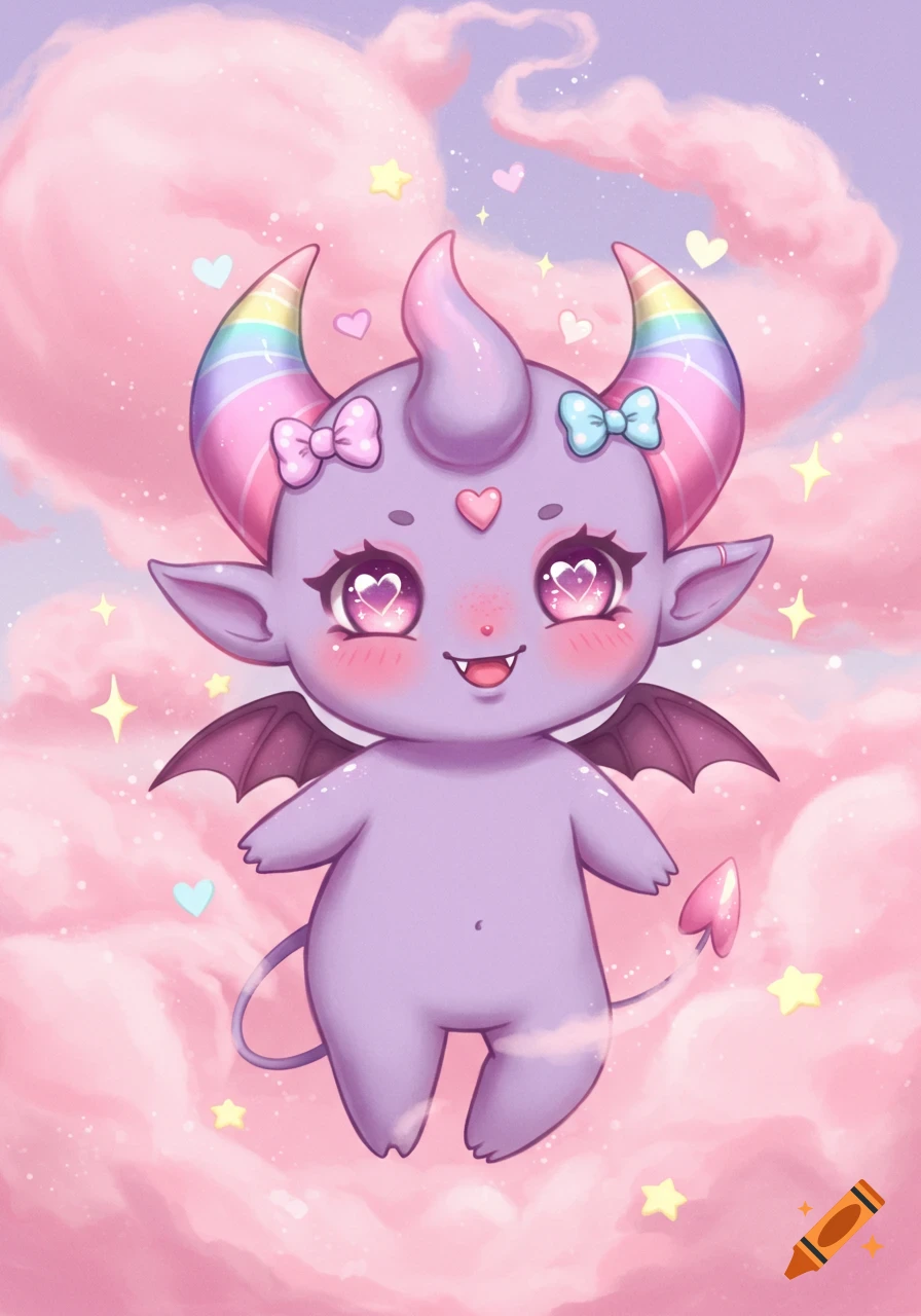 A cute purple chibi demon with rainbow horns, pink bows, and heart eyes floats in a pink cloud sky with stars and hearts.