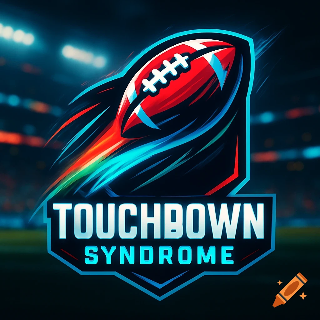 A dynamic digital art logo for 'TOUCHDOWN SYNDROME' featuring a stylized football with colorful streaks against a blurred stadium background.