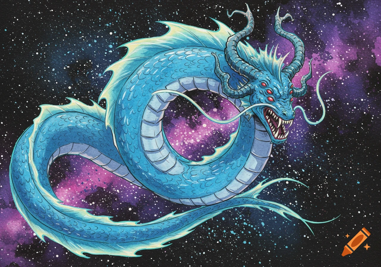 A blue sea serpent monster with six red eyes, curly horns, and sharp teeth, coils through a vibrant purple and blue galaxy with white stars, in a watercolor comic book style.