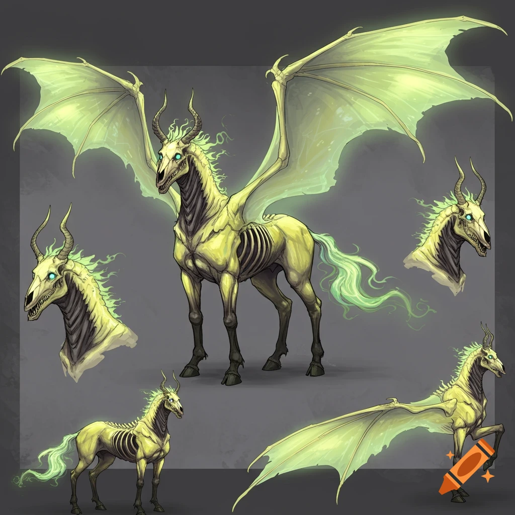 Character design sheet of a skeletal winged horse creature with glowing green features, in lemon yellow tones, on a grey background.