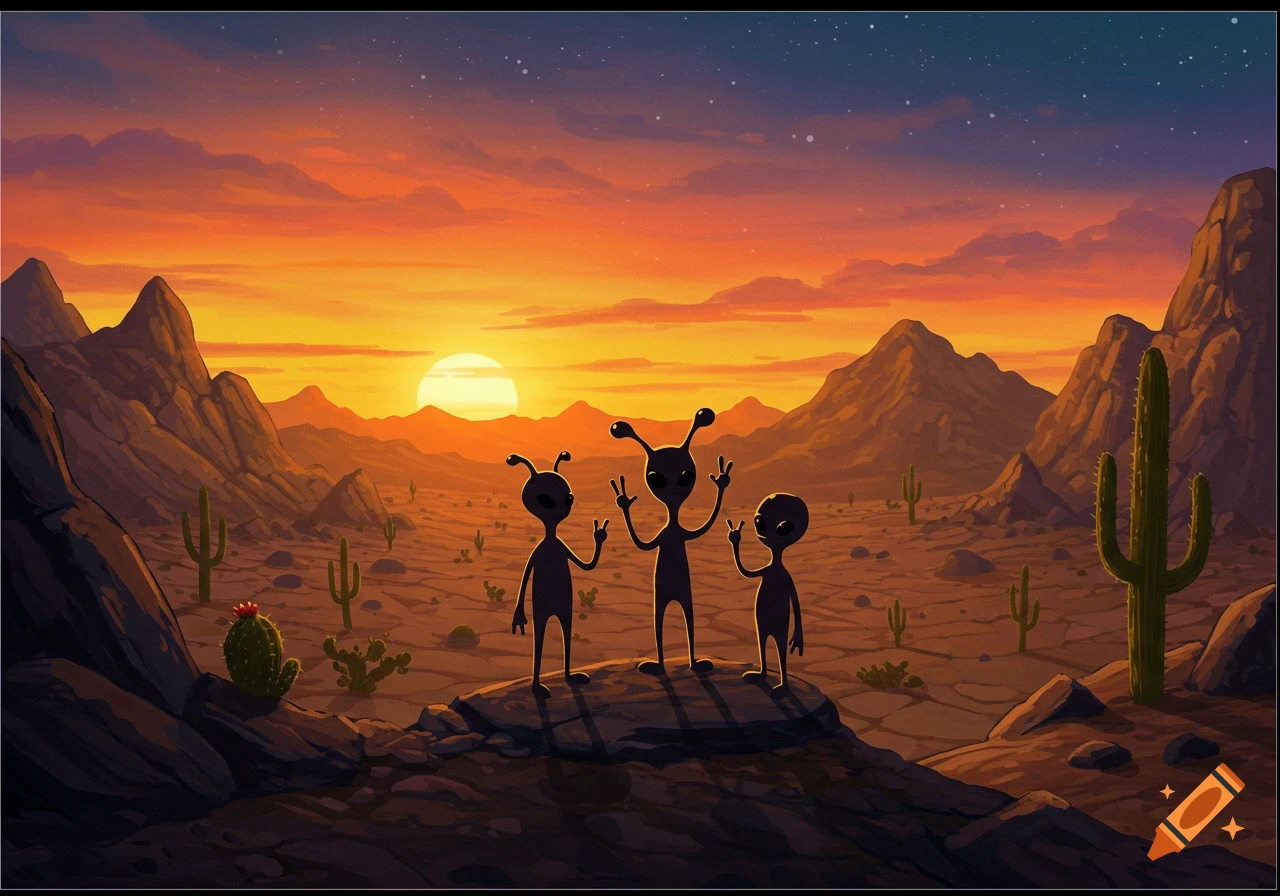 Three stylized aliens waving on a rock in a desert landscape at sunset with mountains and cactuses.