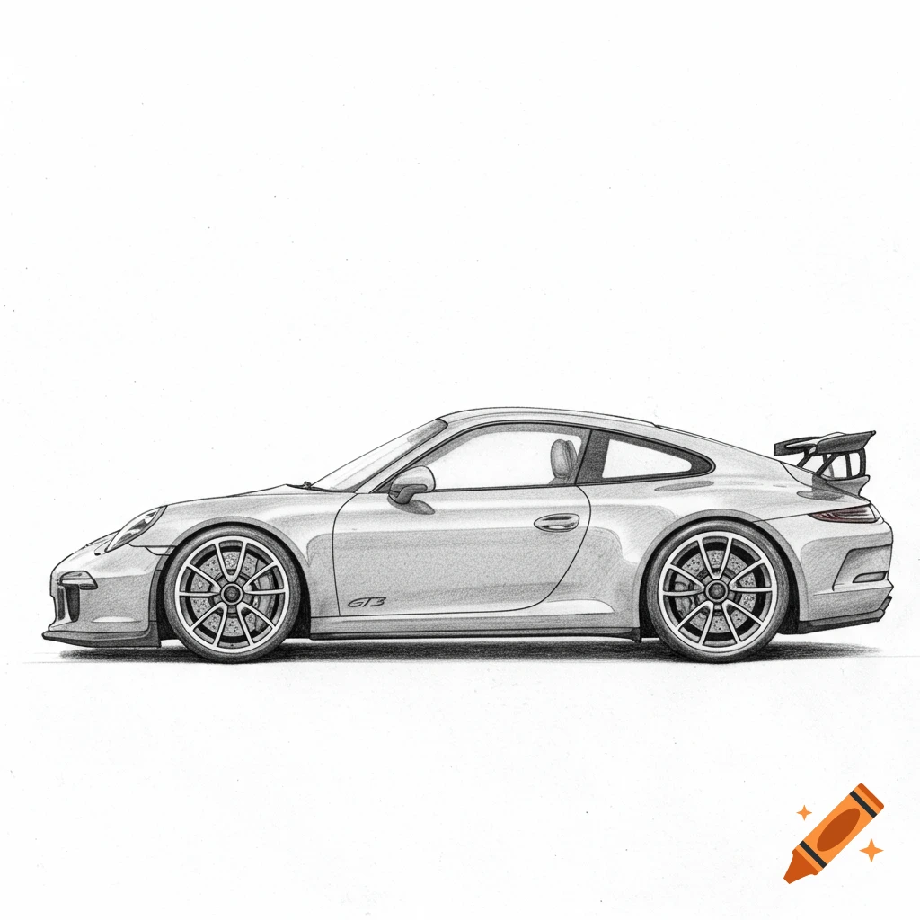 A detailed black and white sketch of a Porsche 911 GT3 sports car in side profile.