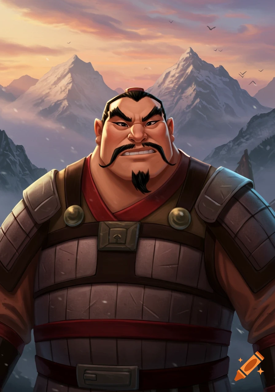 Cartoon illustration of a burly man with a mustache and goatee, wearing armor, against snowy mountains at sunset.