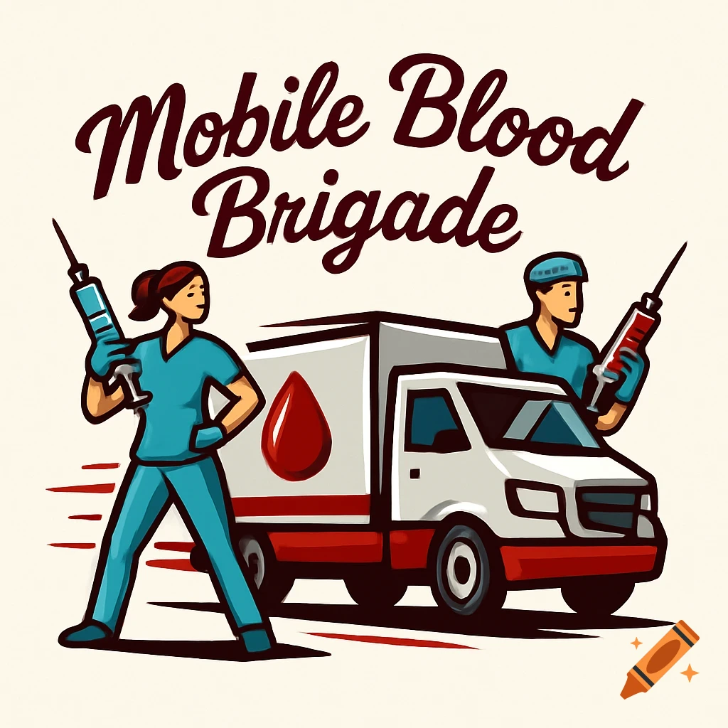 A cartoon logo features a female and male phlebotomist holding syringes next to a mobile blood donation truck with a blood drop symbol.
