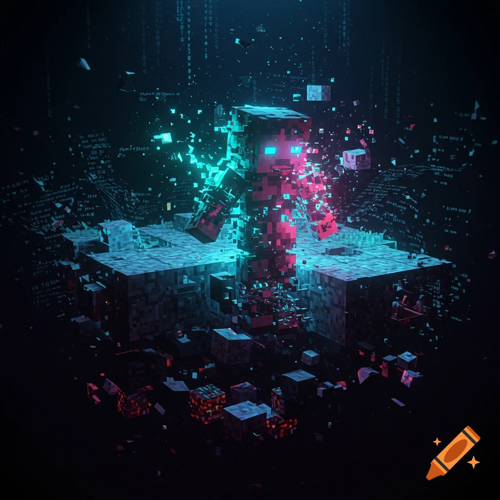 A glitched Minecraft character, made of glowing red and blue blocks, stands on a fragmented blocky platform with digital code in the background.