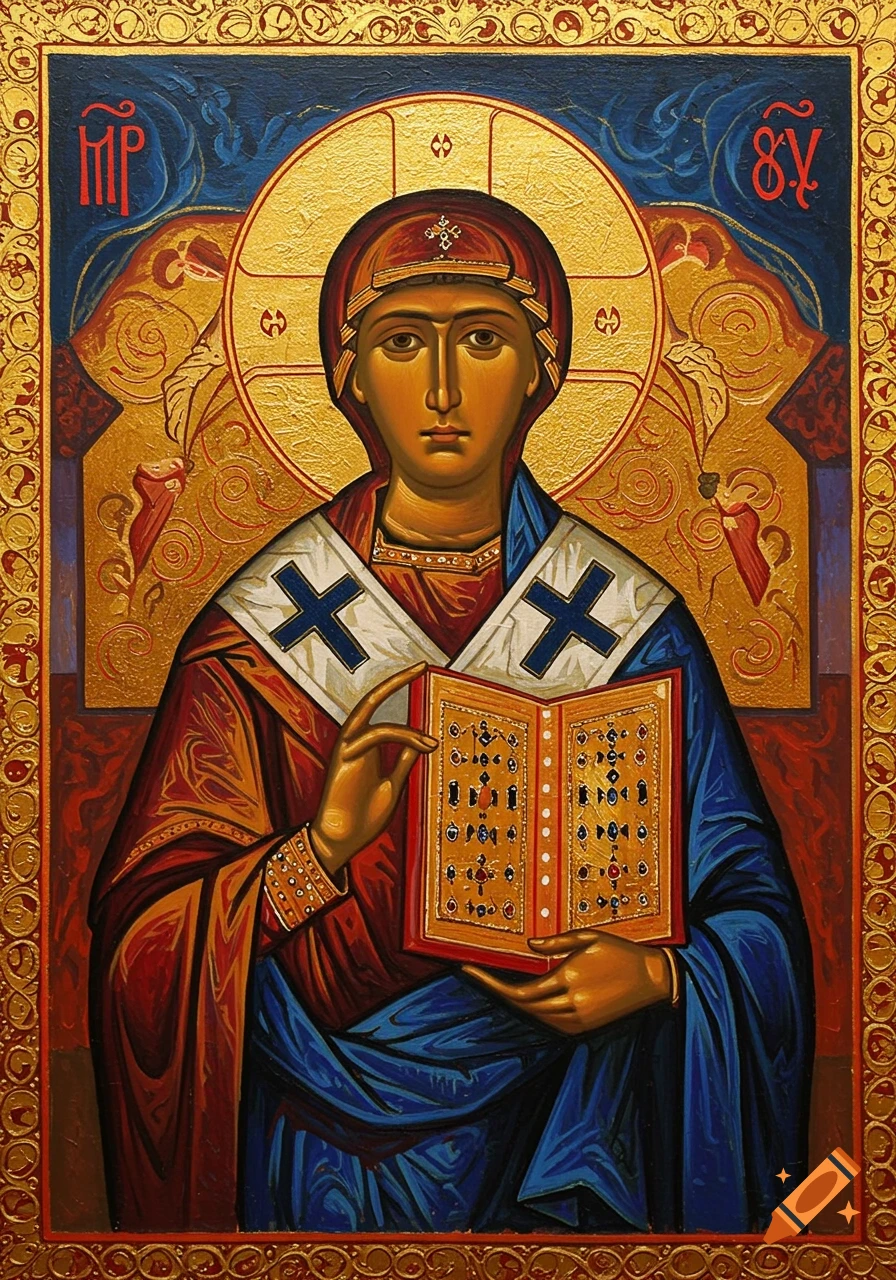 A traditional Russian icon painting of a revered figure with a halo, holding an ornate open book.