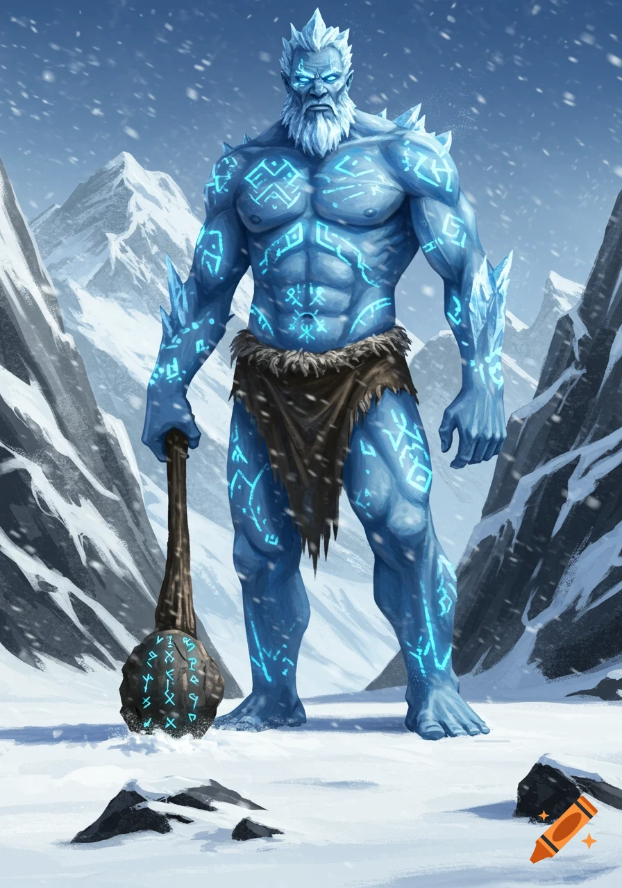 A muscular, blue-skinned ice giant with a white beard and glowing blue tattoos stands in snowy mountains, holding a large club. Snow falls around him.