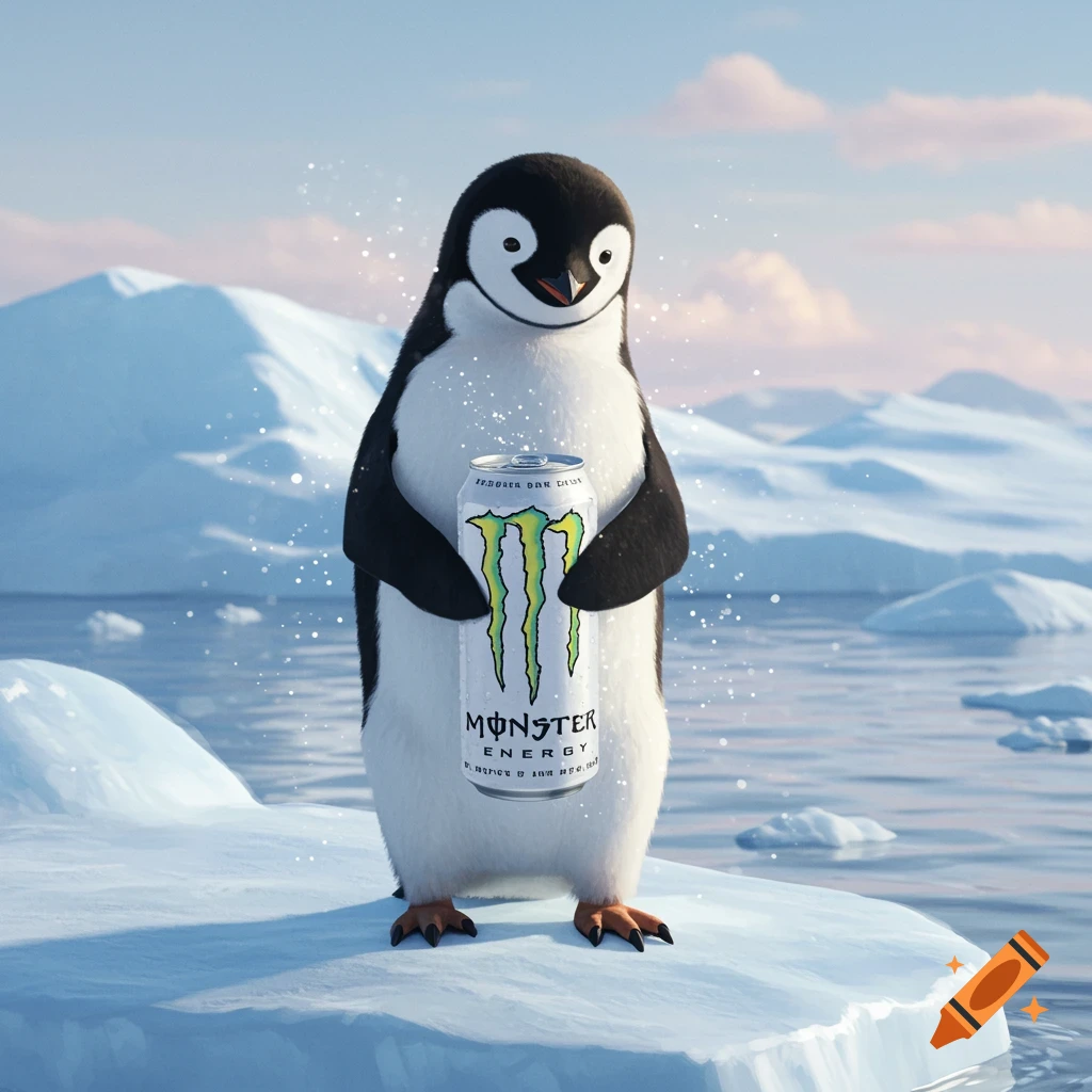 A cute cartoon penguin stands on an ice floe, holding a white Monster Energy drink can in a snowy arctic landscape.