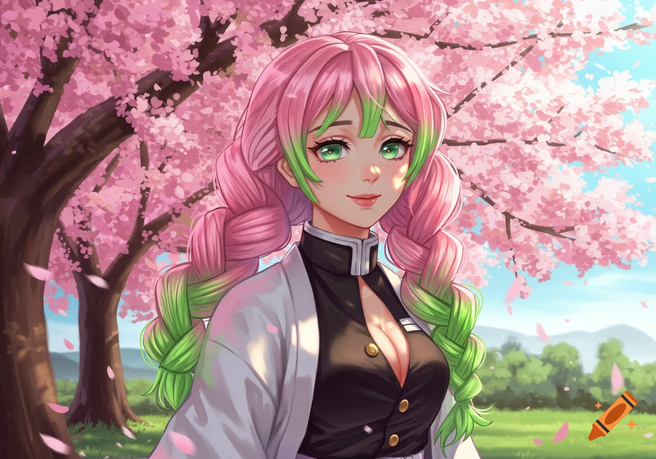 A pink and green-haired anime girl, Mitsuri Kanroji, smiles in a white jacket, standing under a pink cherry blossom tree.