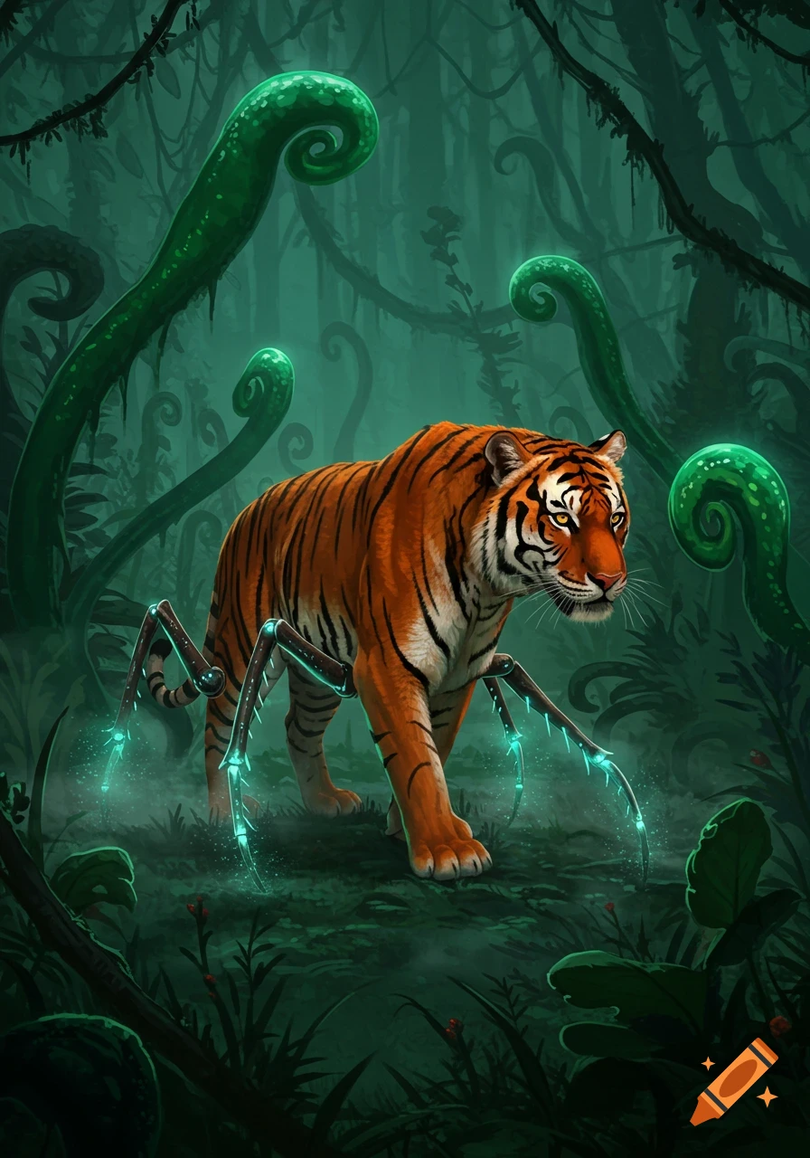 A stylized illustration of a tiger with glowing mechanical insect legs walking through a dark, lush jungle.