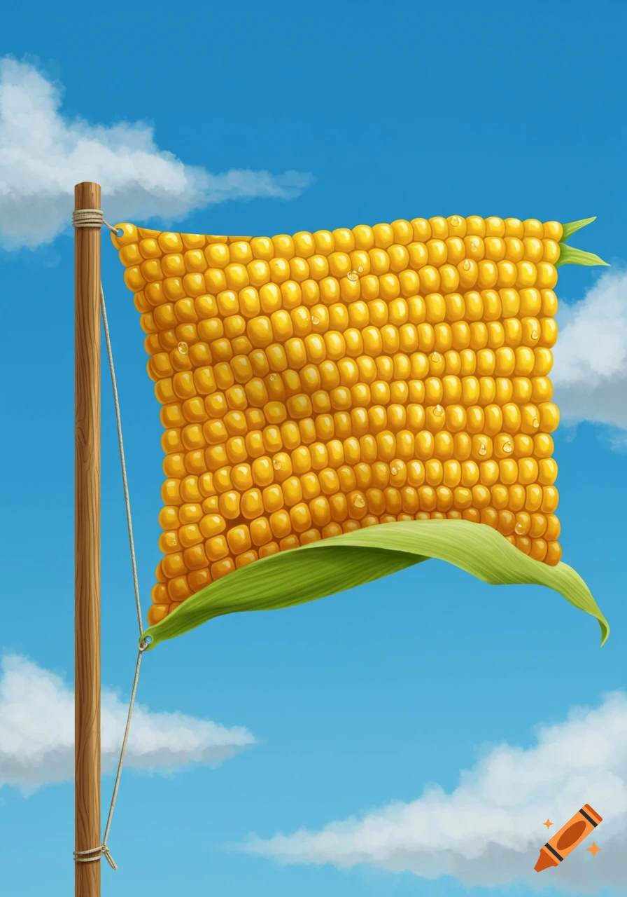 An illustration of a large ear of corn shaped like a flag, flying from a wooden flagpole against a bright blue sky with white clouds.