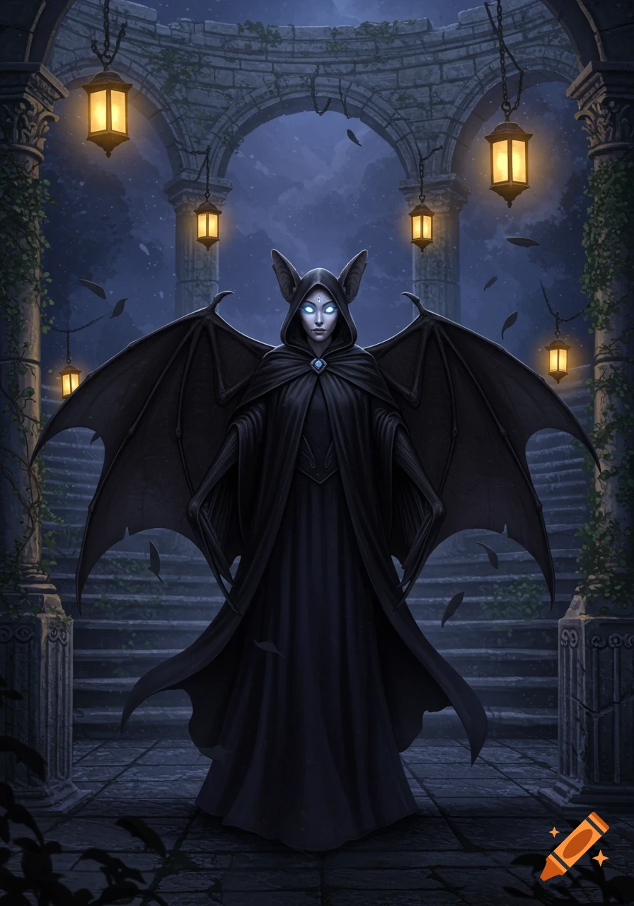 A humanoid bat creature in a black hooded robe and large bat wings stands under stone arches with glowing lanterns at night.