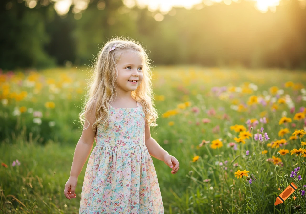 A young blonde girl in a floral dress smiles, standing in a sunny field of yellow and purple wildflowers.