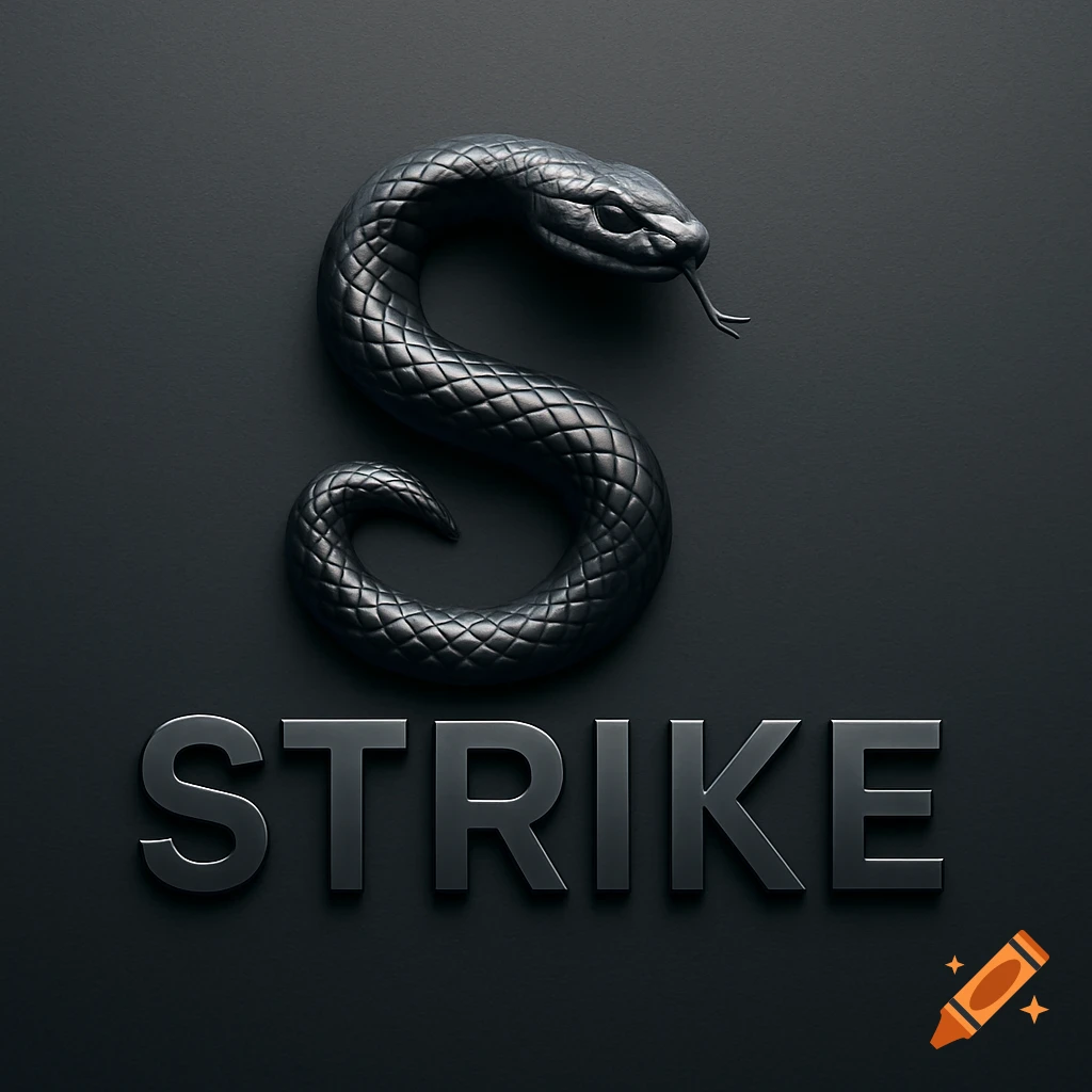 A dark, metallic snake forming the letter 'S' above the word 'STRIKE' on a black background, creating a logo.