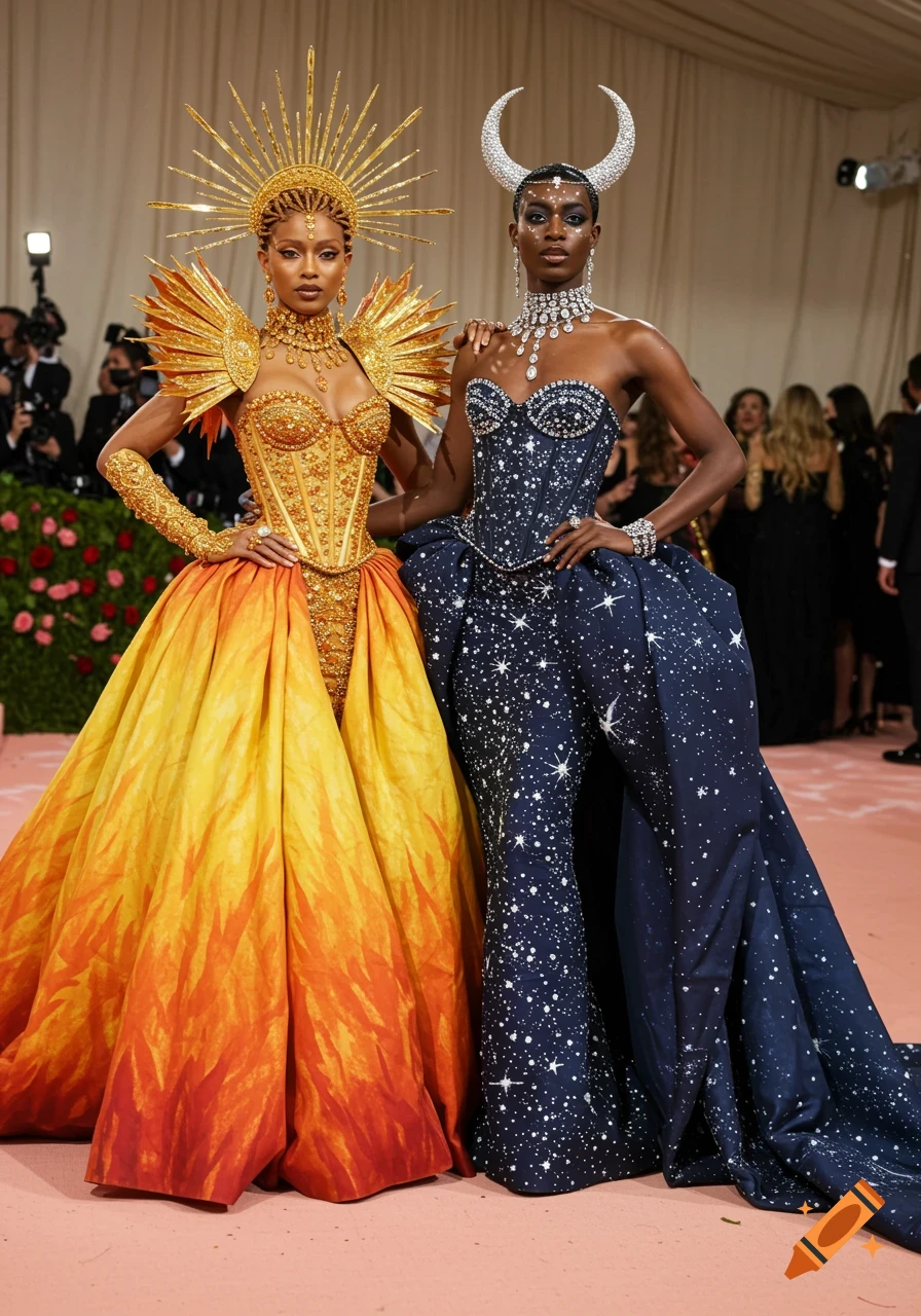 Two models pose on a red carpet; one in a gold and orange sun-themed dress, the other in a dark blue starry gown with moon horns.