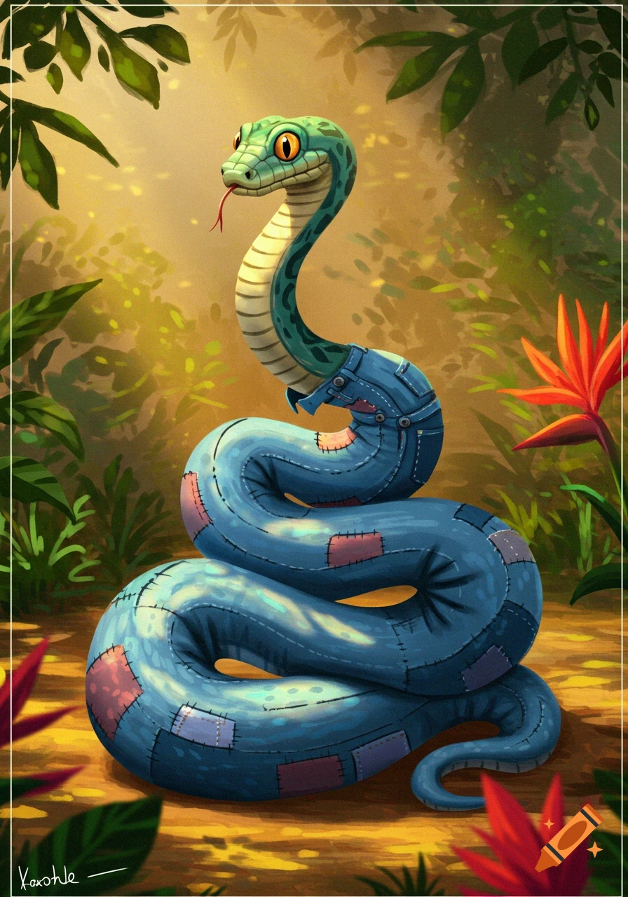 A cartoon snake with green scales and a yellow belly wears blue denim pants with patches, coiled in a vibrant jungle setting.