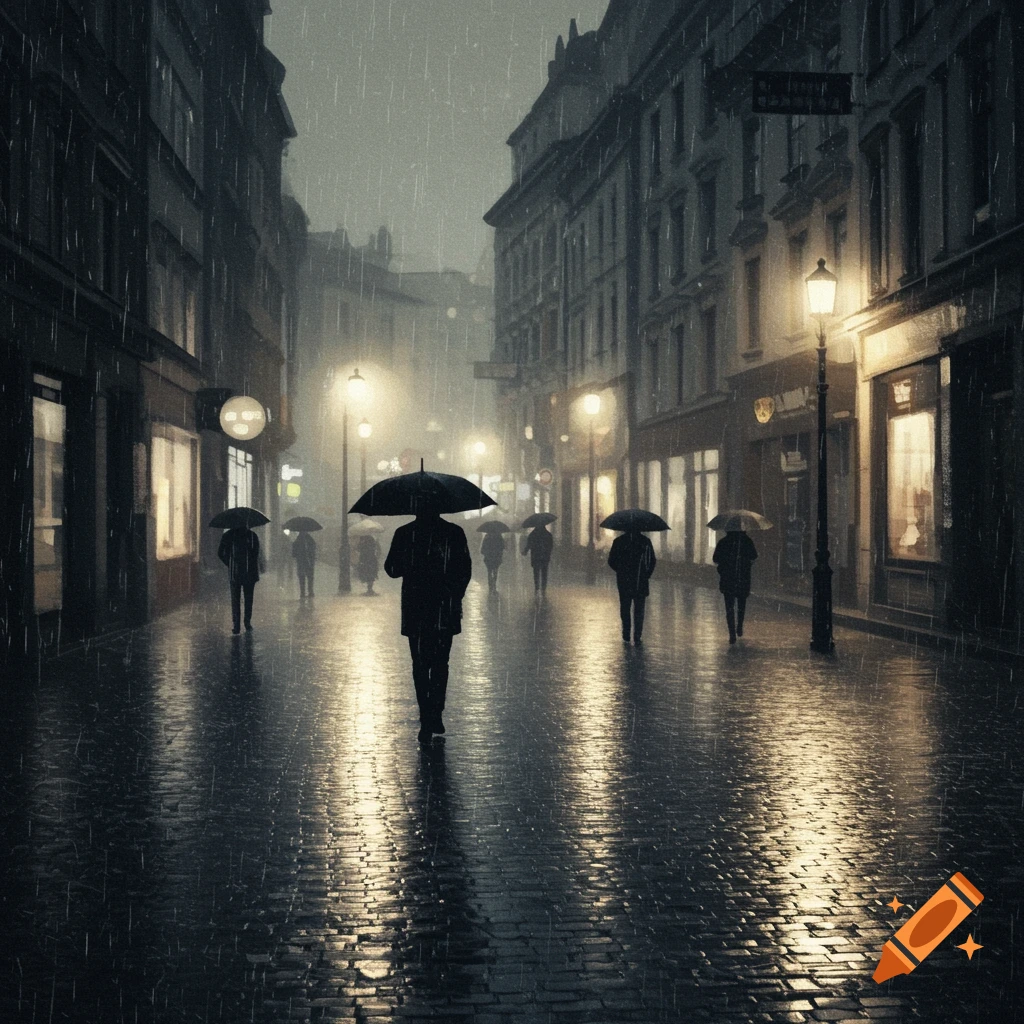 Silhouetted figures with umbrellas walk on a wet, reflective cobblestone street under streetlights on a rainy night in a city.