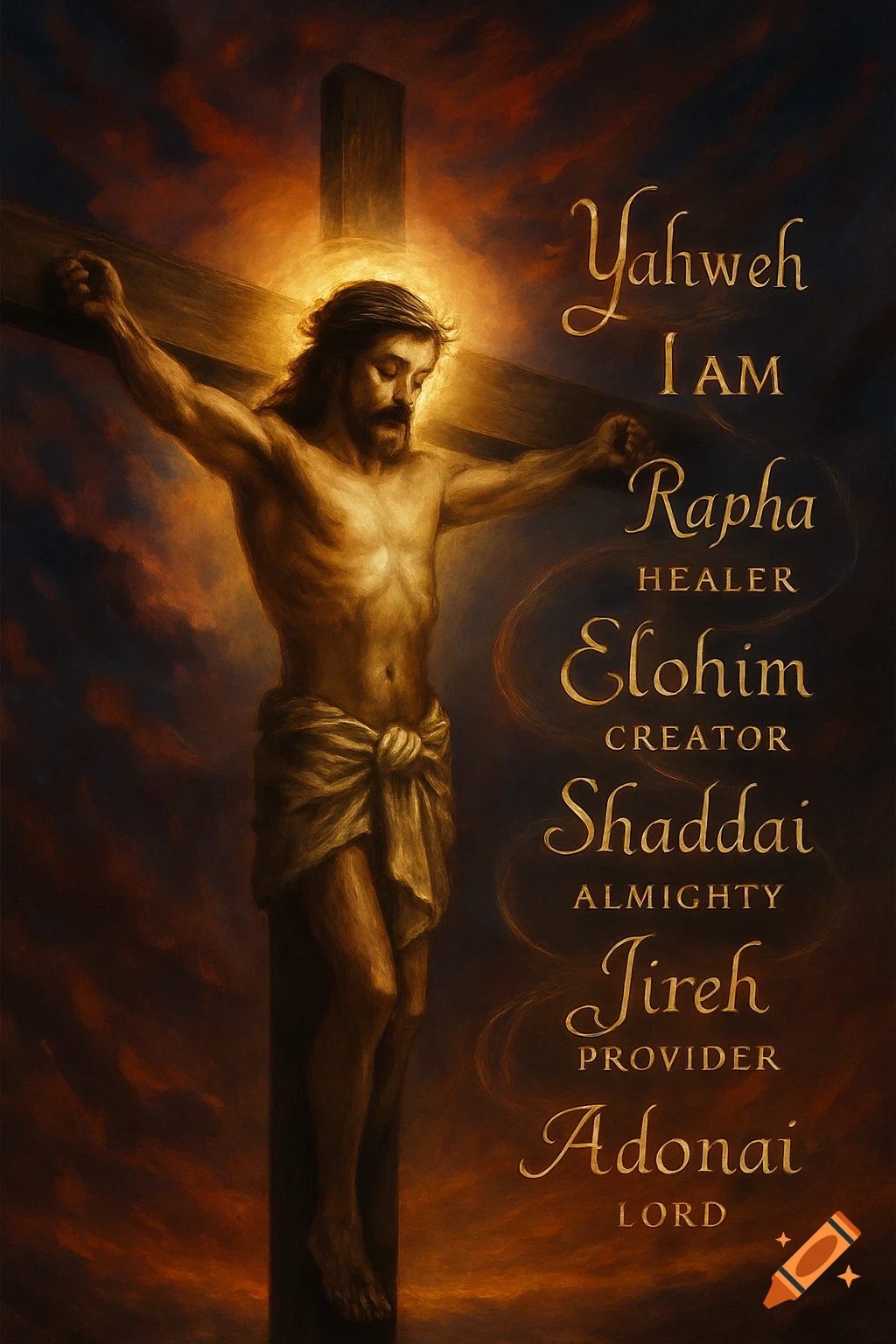 A painterly depiction of Jesus on the cross bathed in golden light, with golden names of God and their meanings listed beside him.