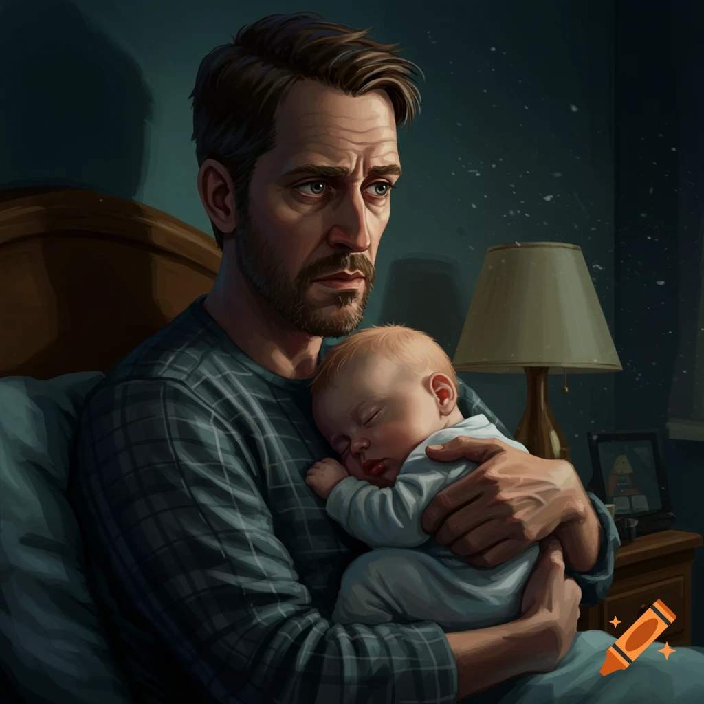 A weary father with a beard and plaid shirt holds his sleeping infant in a dimly lit bedroom, looking concerned.