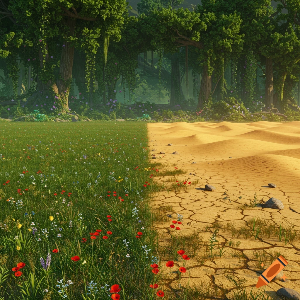 A photorealistic landscape shows a lush green field with colorful flowers on one side and a dry, cracked desert with sand dunes on the other.