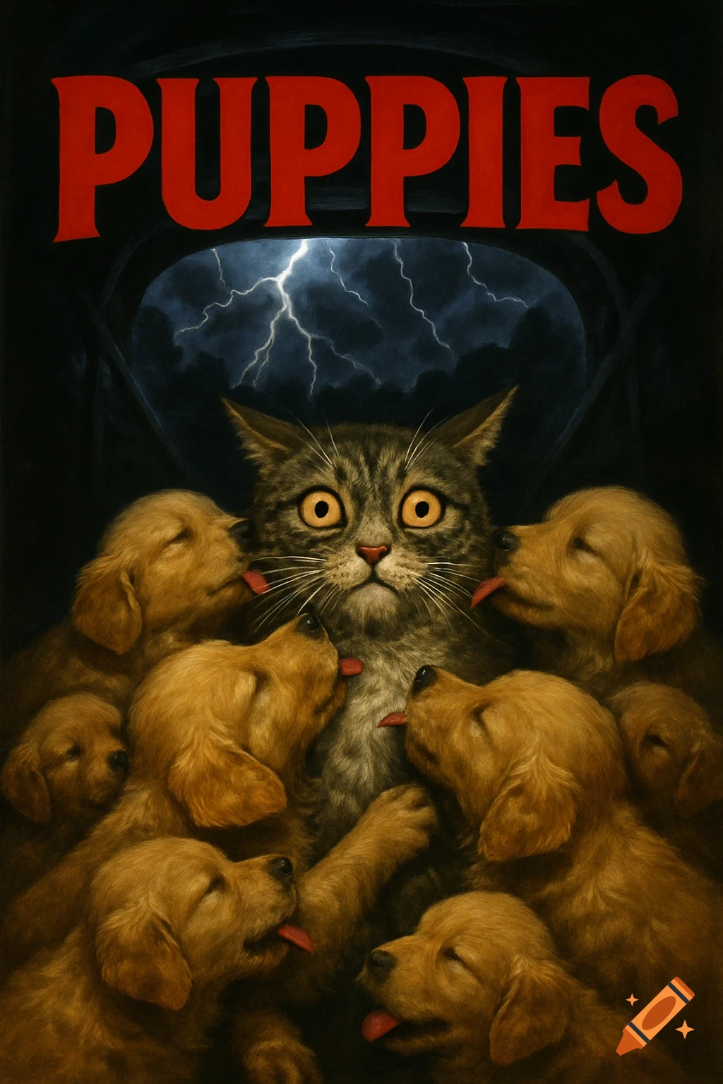 A terrified cat surrounded by golden retriever puppies licking it, with the red title "PUPPIES" and lightning above, in a horror movie poster style.