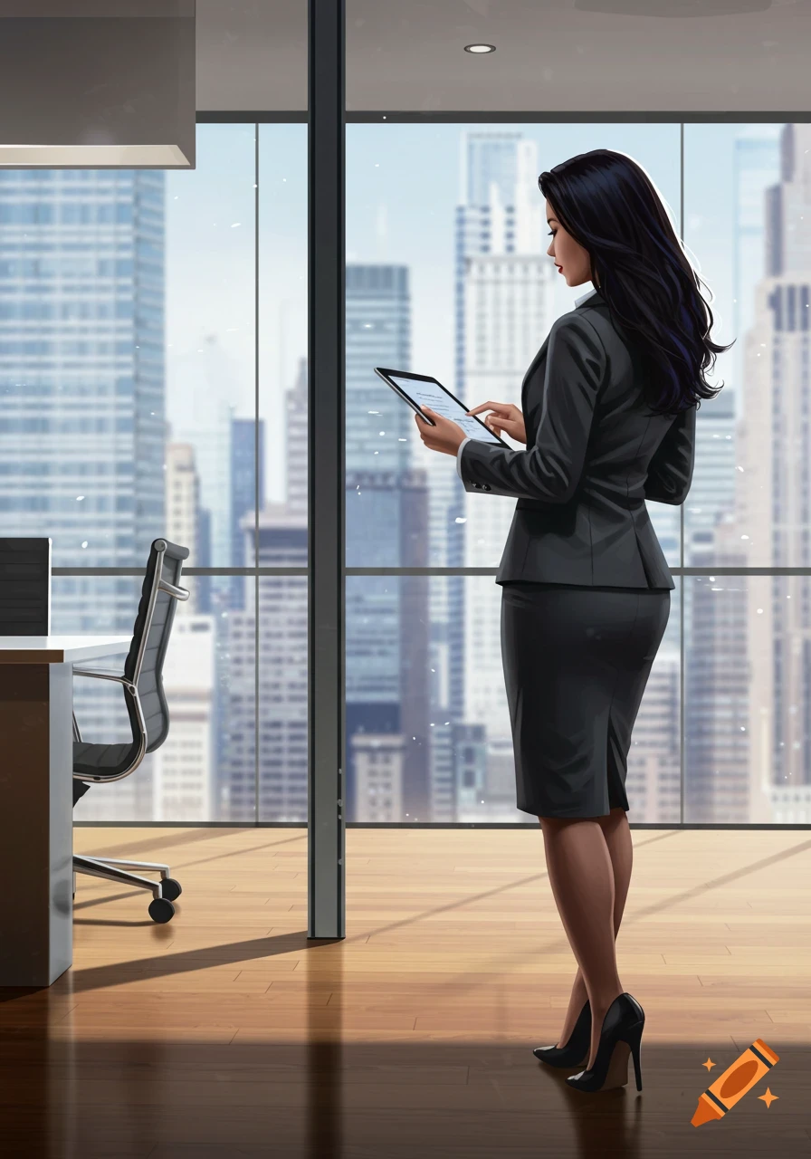 A woman in a business suit stands in an office looking at a tablet, with a city skyline visible outside the window.