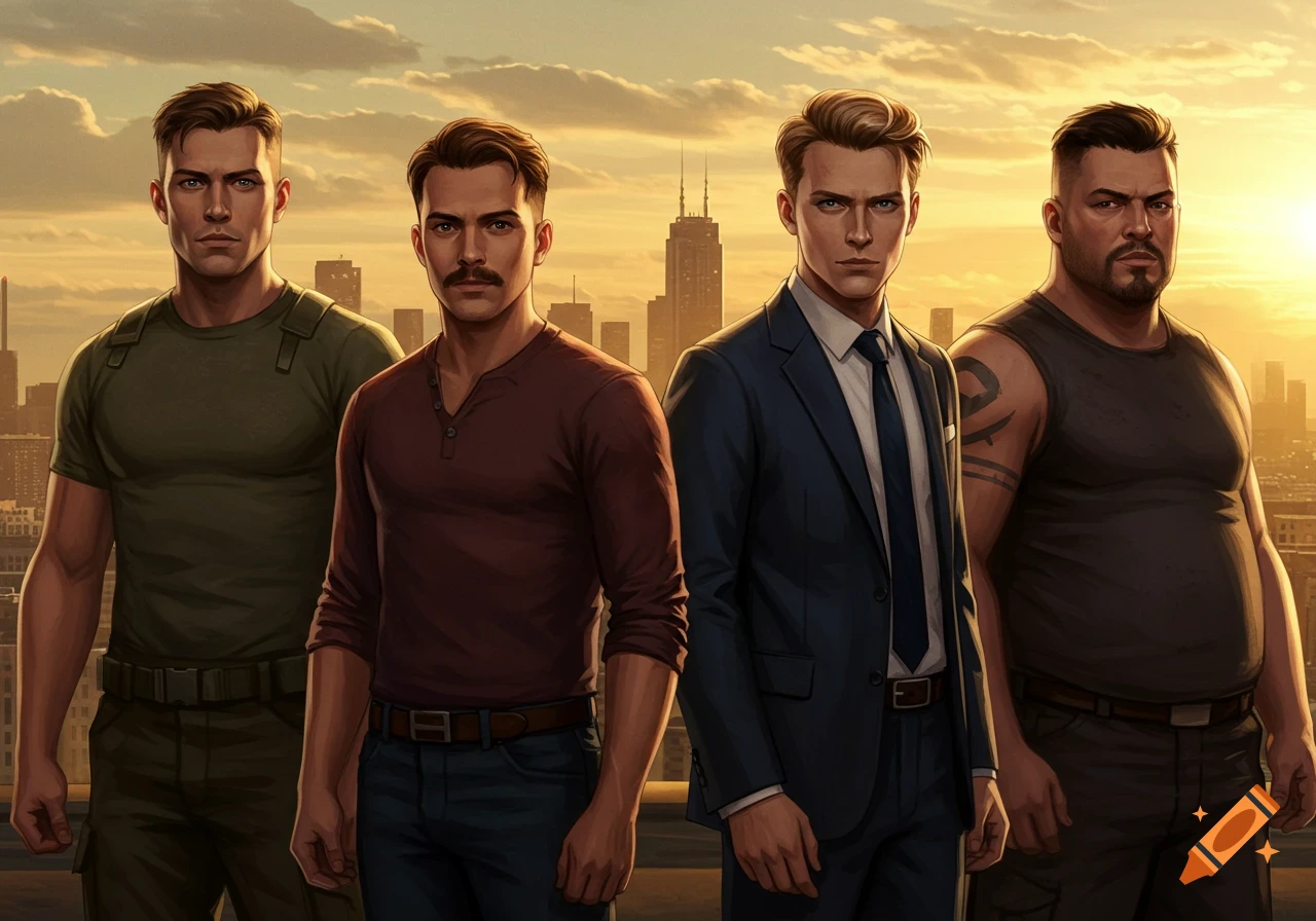 Four muscular men, dressed in casual and formal attire, stand on a rooftop overlooking a city skyline at sunset. Cinematic style.