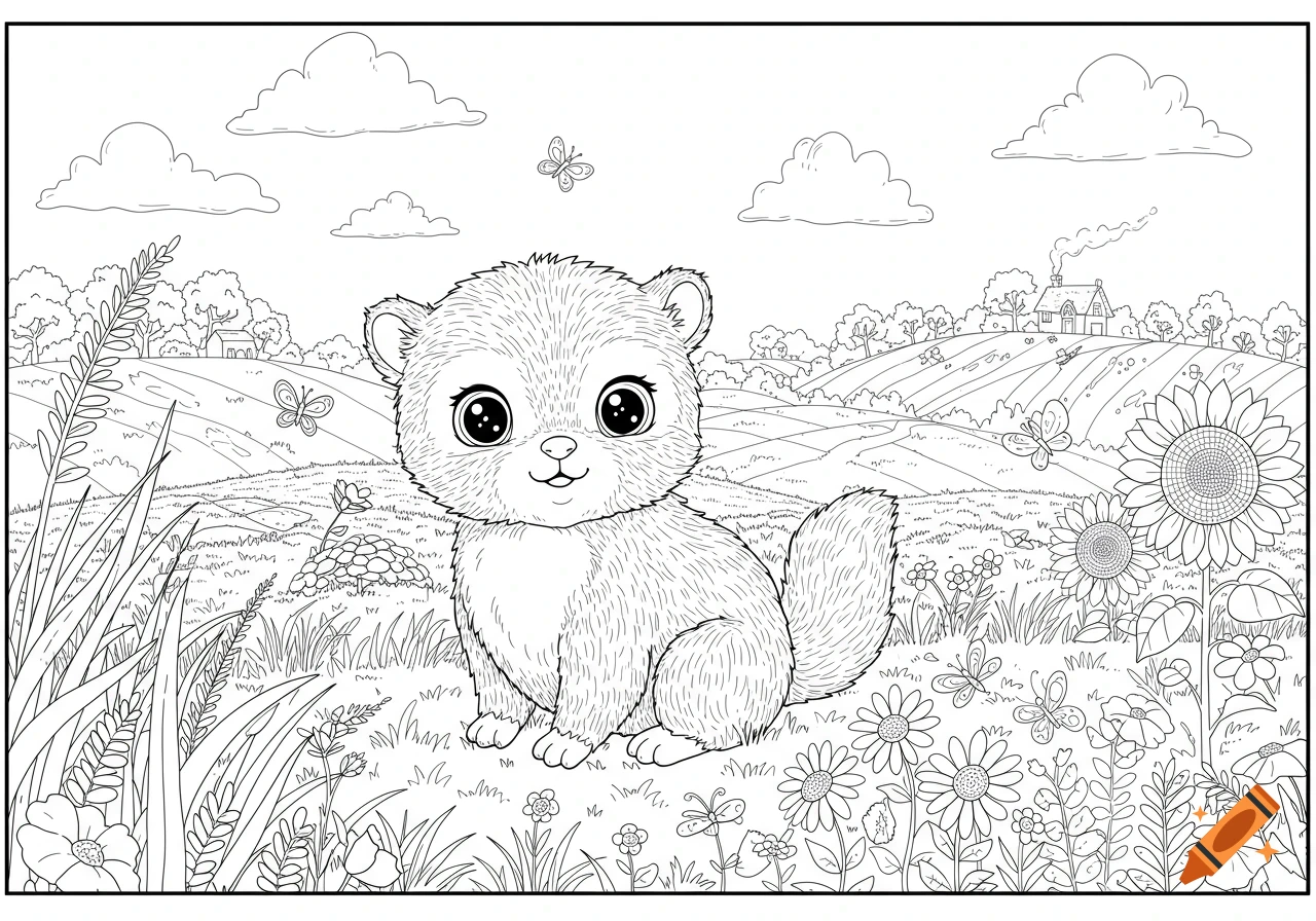 A black and white line drawing of a cute, furry animal sitting in a grassy field with flowers, butterflies, and a house in the background.